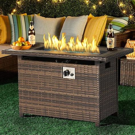Sizzim Brown 40 in. 50000 BTU Rectangular Wicker Outdoor Propane Fire Pit Table with Storage ...