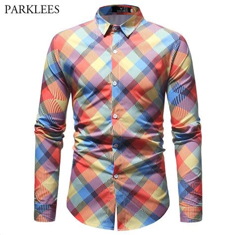 Colorful Plaid Print Fashion Shirt Men Slim Fit Long Sleeve Mens Dress ...