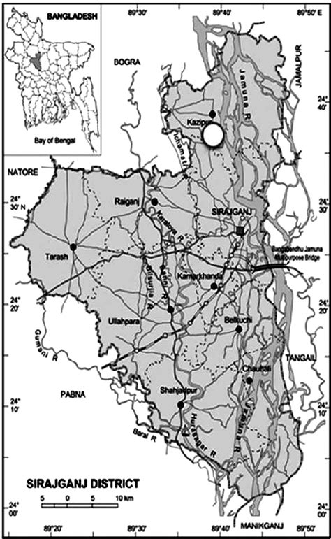 Map of the Sirajganj district. Circle indicating the study area ...