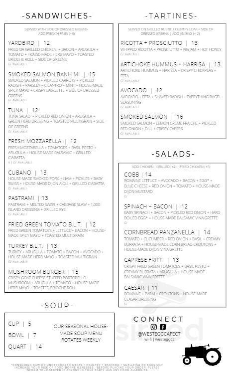 West Egg Cafe menu in Woodbury, Connecticut, USA