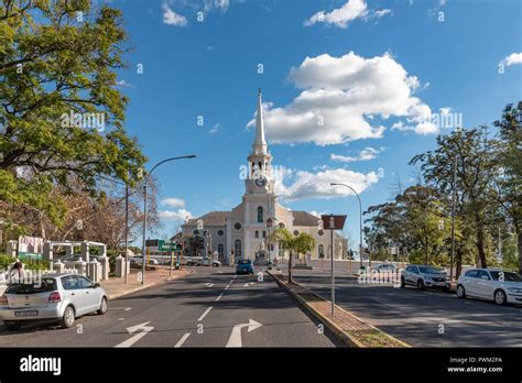 WELLINGTON, SOUTH AFRICA, AUGUST 8, 2018: A street scene, with the Dutch Reformed Mother Church ...