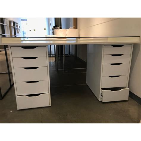 Ikea White Desk w/ Drawers & Glass Table Top - AptDeco