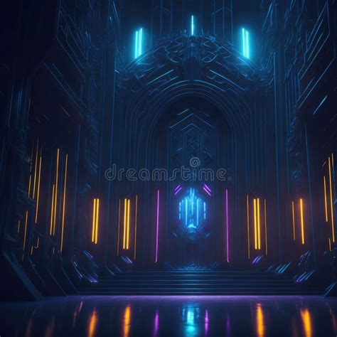 Futuristic Alien Mothership Hall, Flying Castle, Throne Room Interior Hallway, Dark with Lights ...