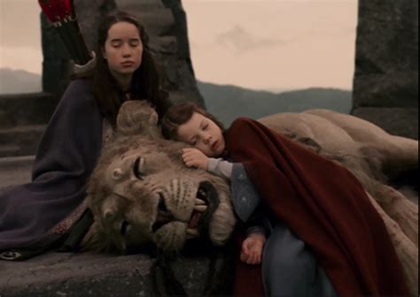 The Lion, the Witch, and the Wardrobe. Susan and Lucy with Aslan on the ...