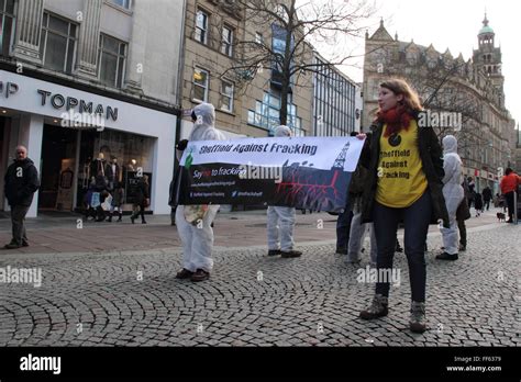 Protesters in Sheffield city centre campaign against fracking, Sheffield, South Yorkshire ...