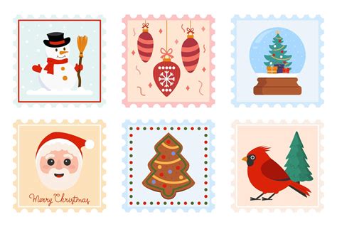 Set Of Christmas Postage Stamps For Mail Or Decoration Vector ...