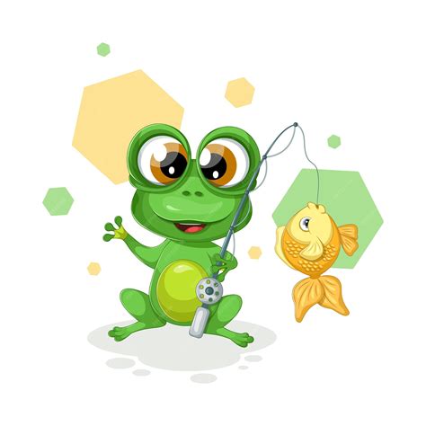 Premium Vector | Cheerful cartoon frog with a fishing rod and a goldfish