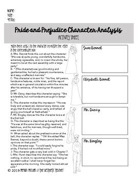 Pride and Prejudice Character Analysis Activity by The Aesthetic Teacher