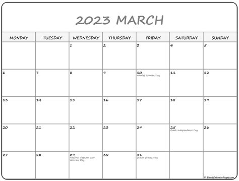 March 2023 Calendar Starting Monday - Get Calender 2023 Update