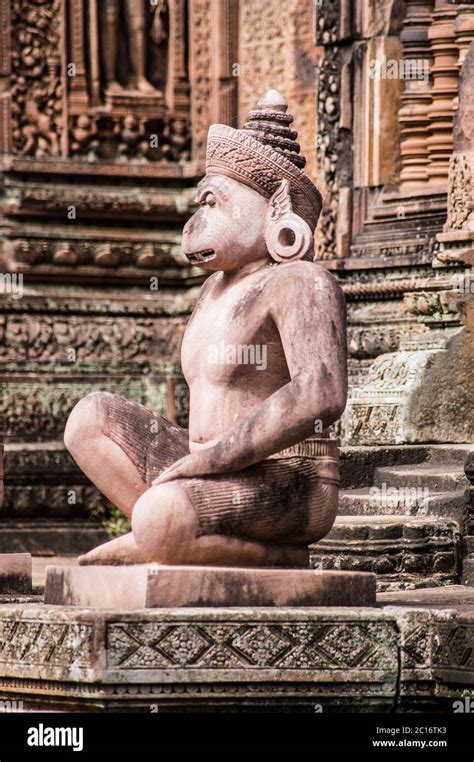 Ancient Khmer carved statue of a monkey soldier, part of Hanuman's army ...