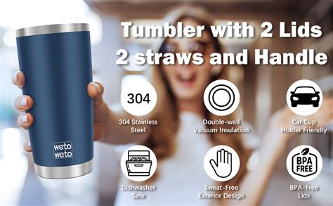 WETOWETO 20oz Insulated Stainless Steel Tumbler with Handle, Coffee Tumbler with 2 lids and 2 ...