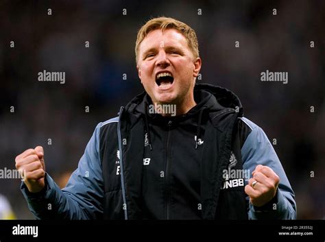 Newcastle United manager Eddie Howe celebrates at the end of the Premier League match at St ...