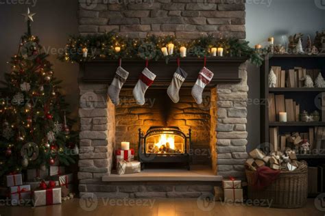 Modern chimney with stockings, candles, and christmas decoration ...