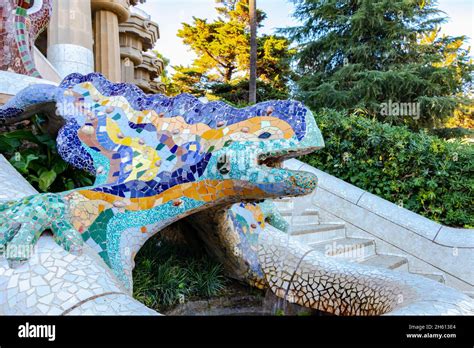 Famous mosaic lizard or salamander fountain in Park Guell. Mosaic ...