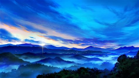 Anime, Mountain, Landscape, Sunrise, Scenery, 4K, #96 Wallpaper PC Desktop