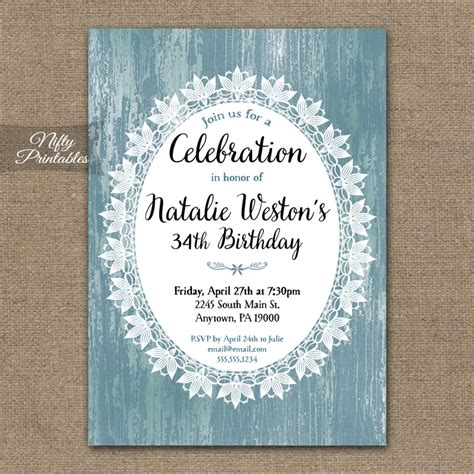 Lace Birthday Invitations - Rustic Blue Wood - Nifty Printables