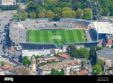 Aerial city detail of Como. here the football stadium on the lake ...