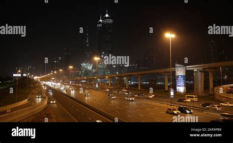 Ultra HD 4K Office Towers Cars Traffic Highway Dubai Skyline Night Aerial View Stock Video ...