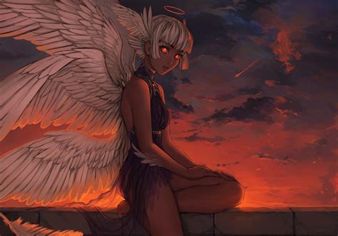 Matilda Fiship, angel, wings, red eyes, women, sunset, fantasy art ...