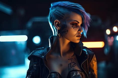 Premium AI Image | A cyberpunk woman with short hair and a black jacket