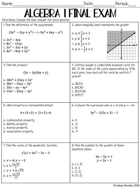 Algebra 1 Final Exam with Study Guide (Editable) - Lindsay Bowden