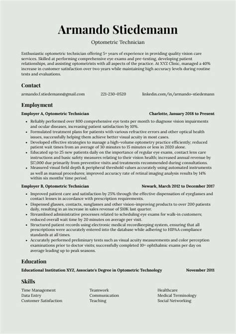 Optometric Technician Resume (CV) Example and Writing Guide