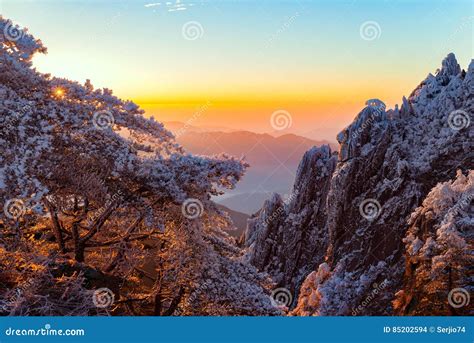 Winter Sunrise Landscape in Huangshan National Park. Stock Photo - Image of freeze, branch: 85202594