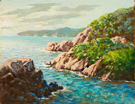 Ramón Cruz Active in the Balearic Islands in the 20th Century Seaside view Oil on tablex Signed ...