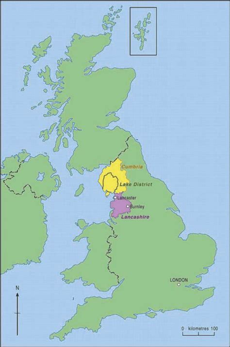 Map of the UK showing the English Lake District and counties of ...