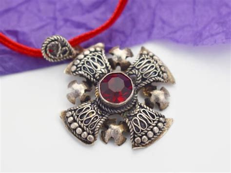 Jerusalem cross necklace silver, thin red velvet сhok… - Gem