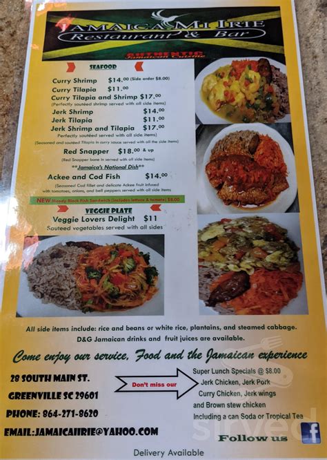 Jamaica Mi Irie menu in Greenville, South Carolina, USA