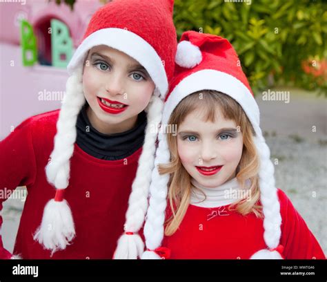 Christmas santa costumer kid girls makeup portrait smiling outdoor ...