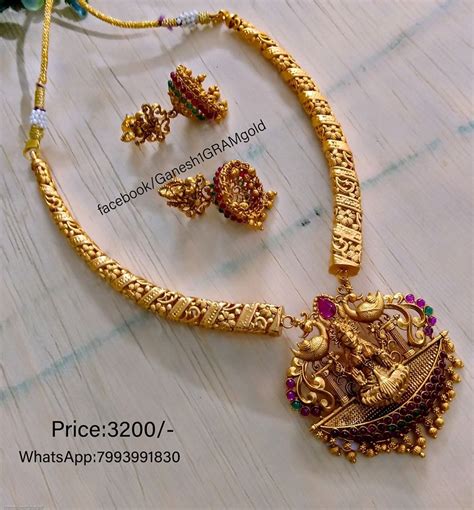 1 gram gold jewellery with price. Matte finish Laxmi pendent necklace set..Price:3200/-Order ...