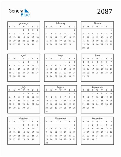 Free 2087 Calendars in PDF, Word, Excel