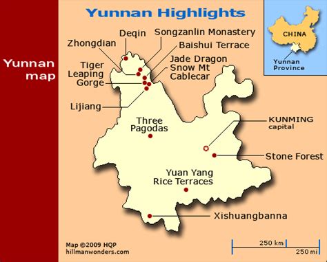 Travel highlight map of Yunnan, China