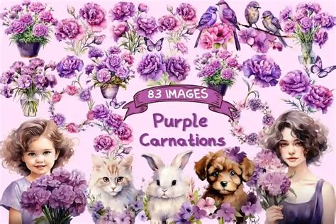 Watercolor Purple Carnations Clipart Bundle – Beautiful Purple Flower ...
