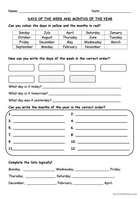 Days and months : English ESL worksheets pdf & doc