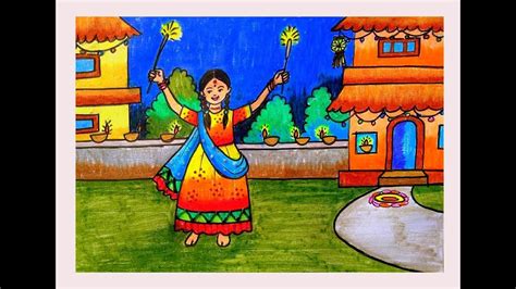 HOW TO DRAW DIWALI SCENERY DRAWING EASY FOR KIDS | DEEPAVALI FESTIVAL ...