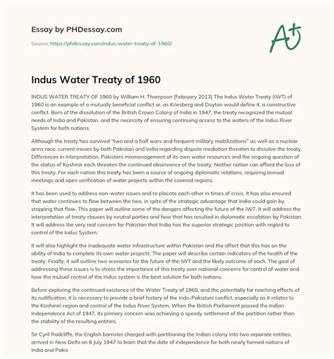 Indus Water Treaty of 1960 - PHDessay.com