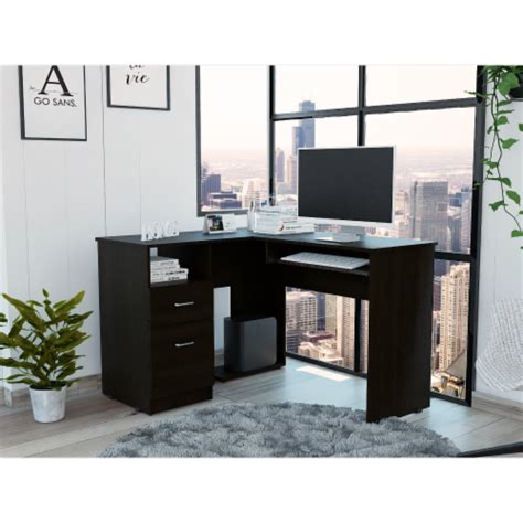 Mix L-Shaped Desk, Keyboard Tray, Two Drawers, Single Open Shelf, 1 Unit - Kroger