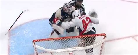 Elvis Merzlikins goes after Tom Wilson and gets absolutely clocked ...