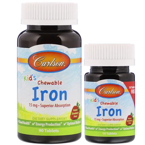 Carlson Labs Kids Chewable Iron Natural Strawberry Flavor 15 mg 90 ...