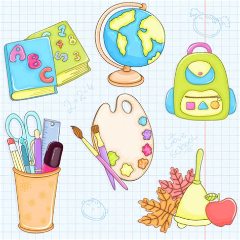 Cute cartoon school supplies vector set Vectors graphic art designs in ...