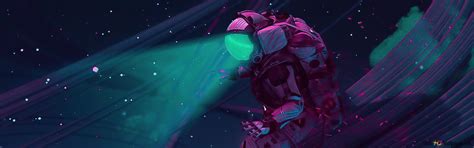 Astronaut glowing green neon light from his helmet 4K wallpaper download