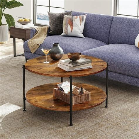 WLIVE Round Coffee Table for Living Room, 2-Tier Vintage Modern Circle ...