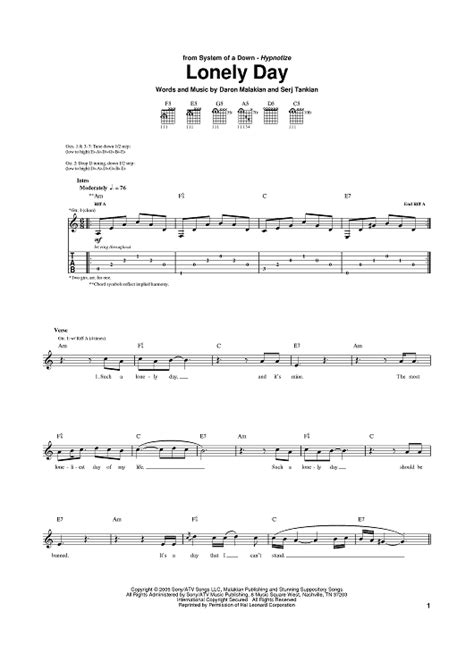 Buy "Lonely Day" Sheet Music by System Of A Down for Guitar Tab