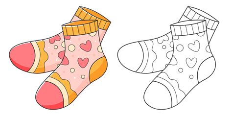 A pair of socks coloring book with coloring example for kids. Coloring page with socks ...