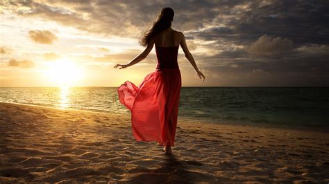 1920x1080 Women Beach Sand Walking Red Dress Laptop Full HD 1080P HD 4k Wallpapers, Images ...