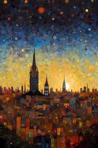 Premium AI Image | A painting of a cityscape with a sunset in the ...