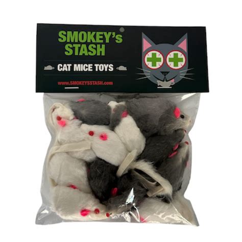 Smokey's Stash Rabbit Fur Mouse Cat Toy 12 per Pack White and Gray Fuzzy Toys for Cats with ...